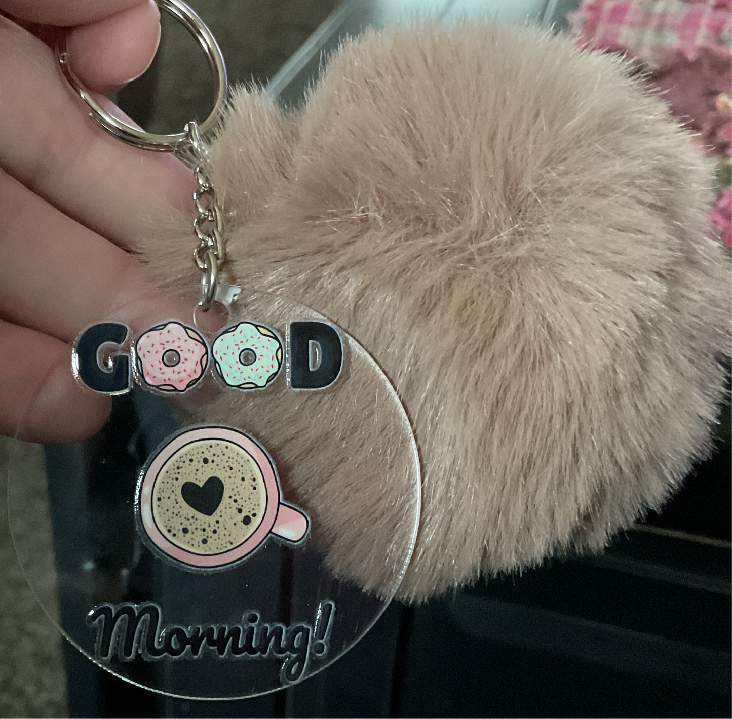 Keychain (Pom Pom Brown) acryilic round coffee saying