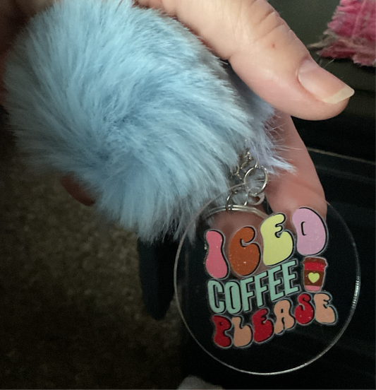 Keychain (Pom Pom Blue) acrylic with coffee saying