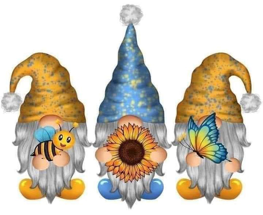 DTFs (direct to Film) Transfers (Gnomes 3 with flowers, butterfly's and bee)